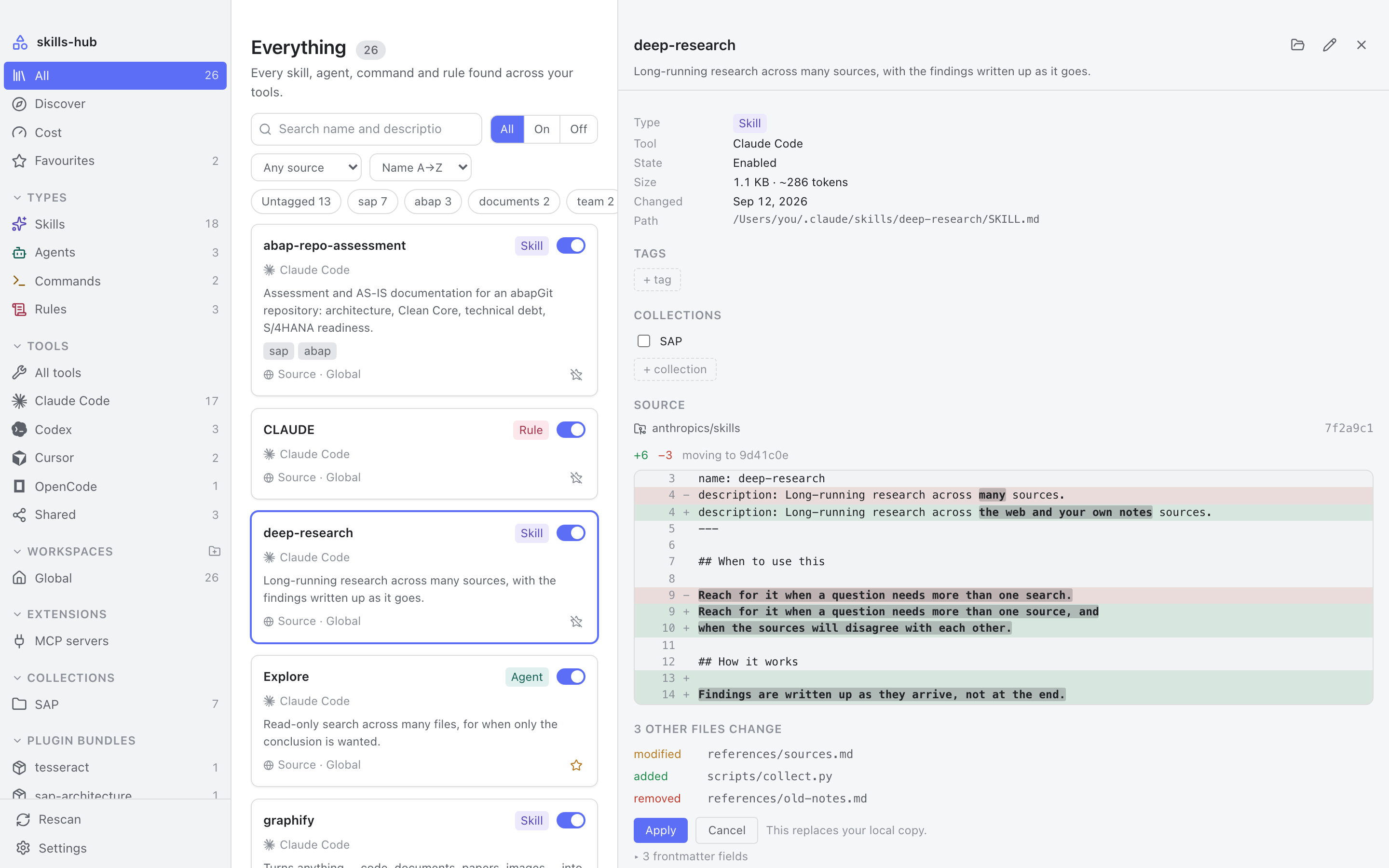 An update shown as a line diff with the changed words picked out, and the other changed files listed