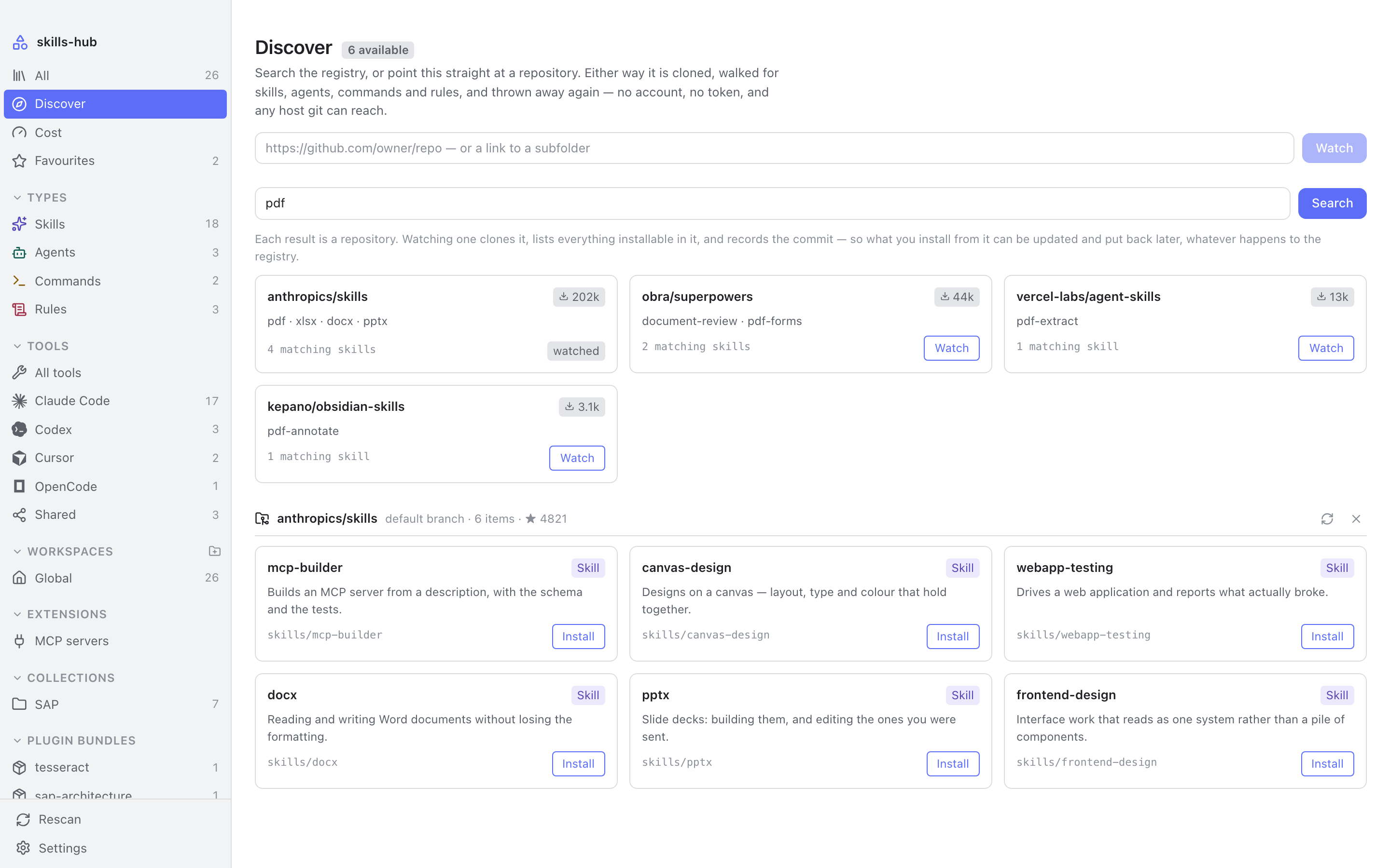 Discover: a registry search grouped by repository, and below it a watched repository with the skills found in it, each with an install button