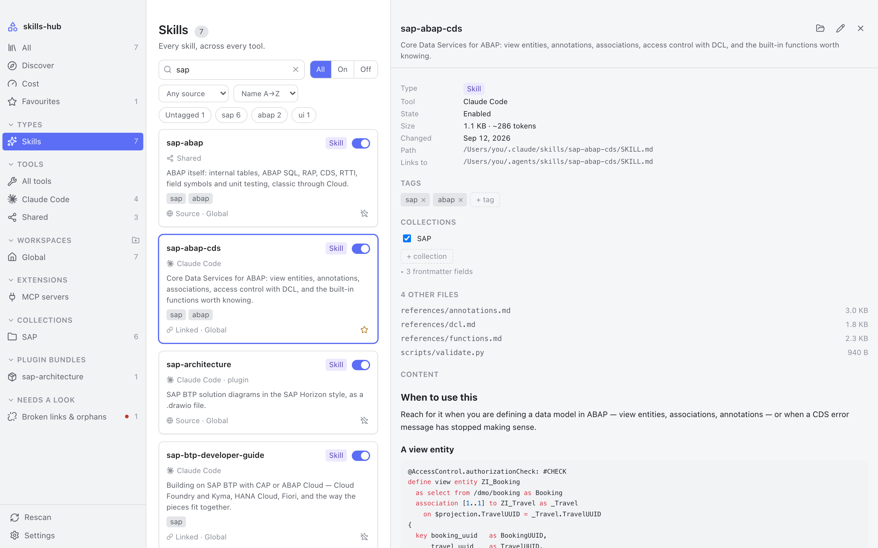 The library: a sidebar of tools and types, a grid of cards, and a detail panel showing a skill's content