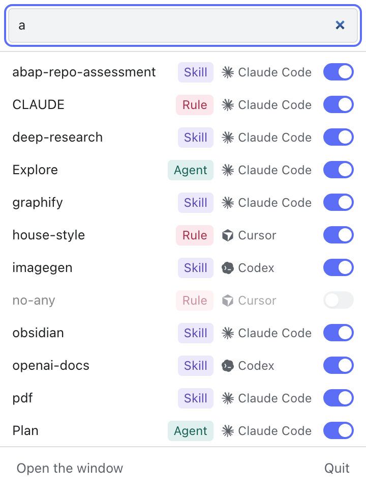 The menubar popover: a search field, matching items with their type, tool and a switch each, and Open the window and Quit along the bottom