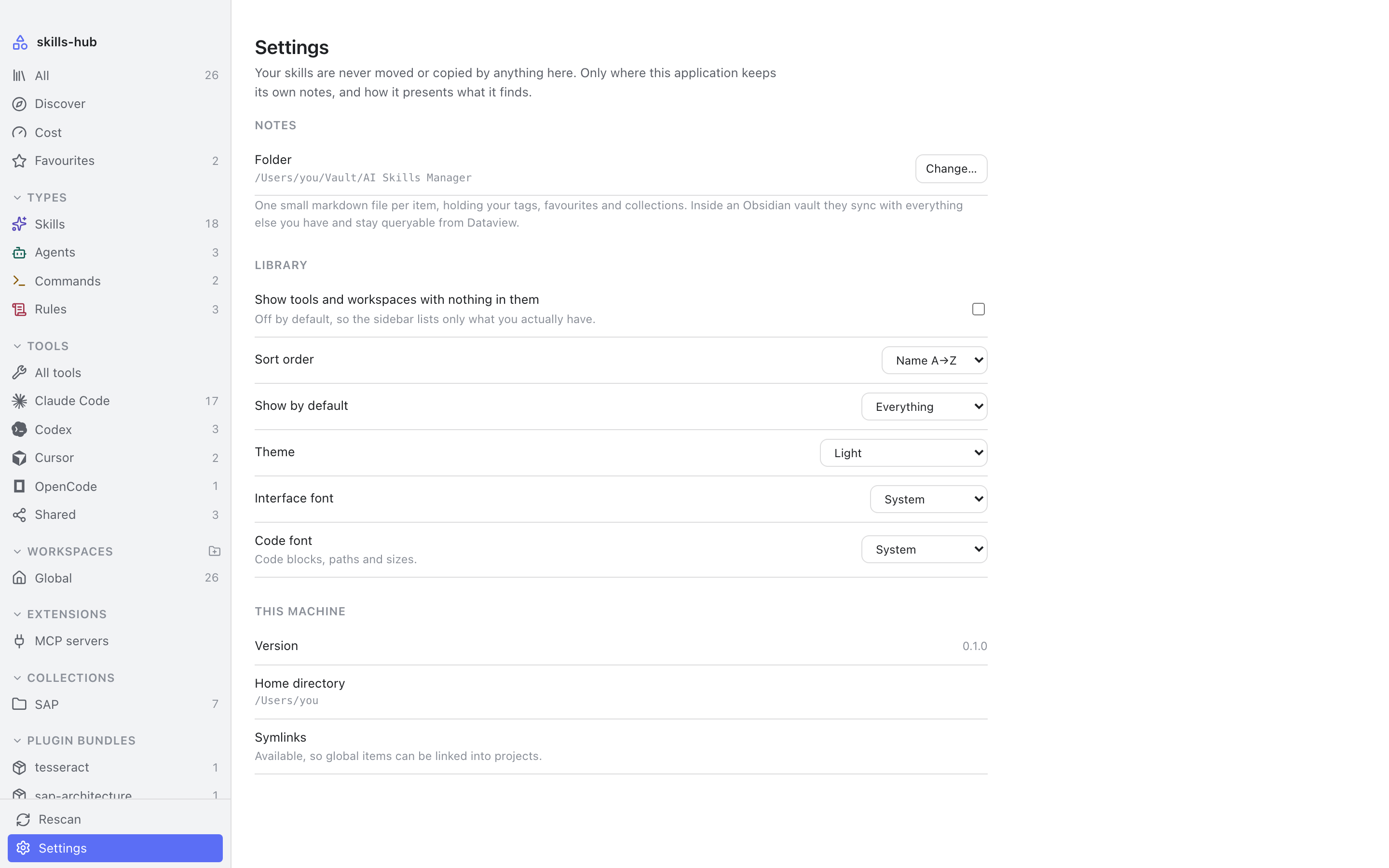 The settings page with three dropdowns: theme, interface font and code font