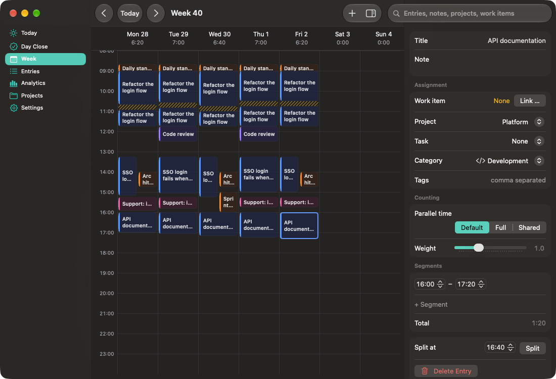 Takt main window: a week of entries as coloured blocks on a calendar grid